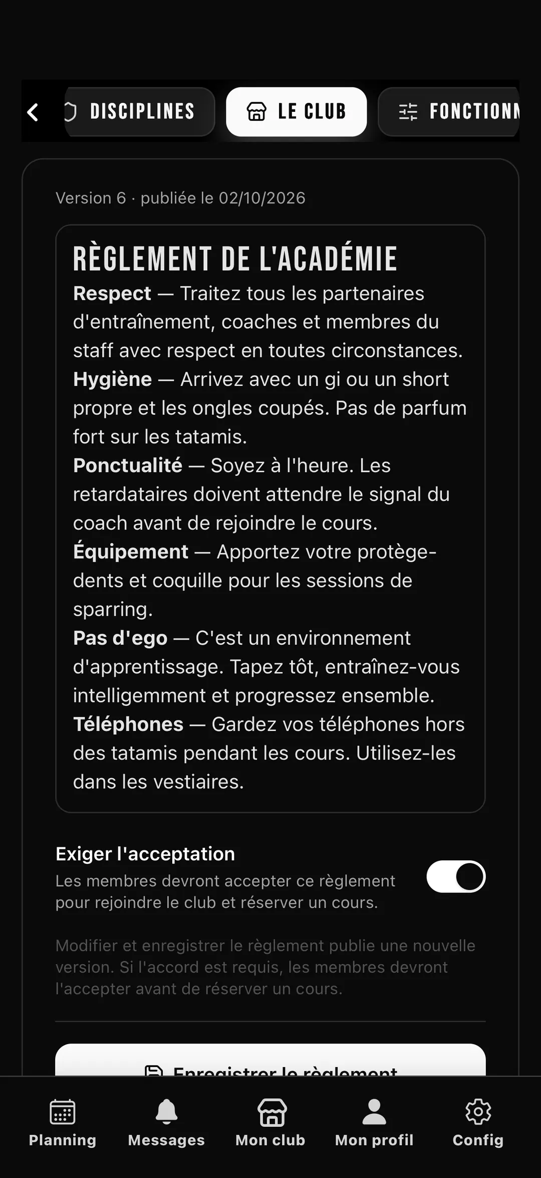 Un règlement accepté, avec la date