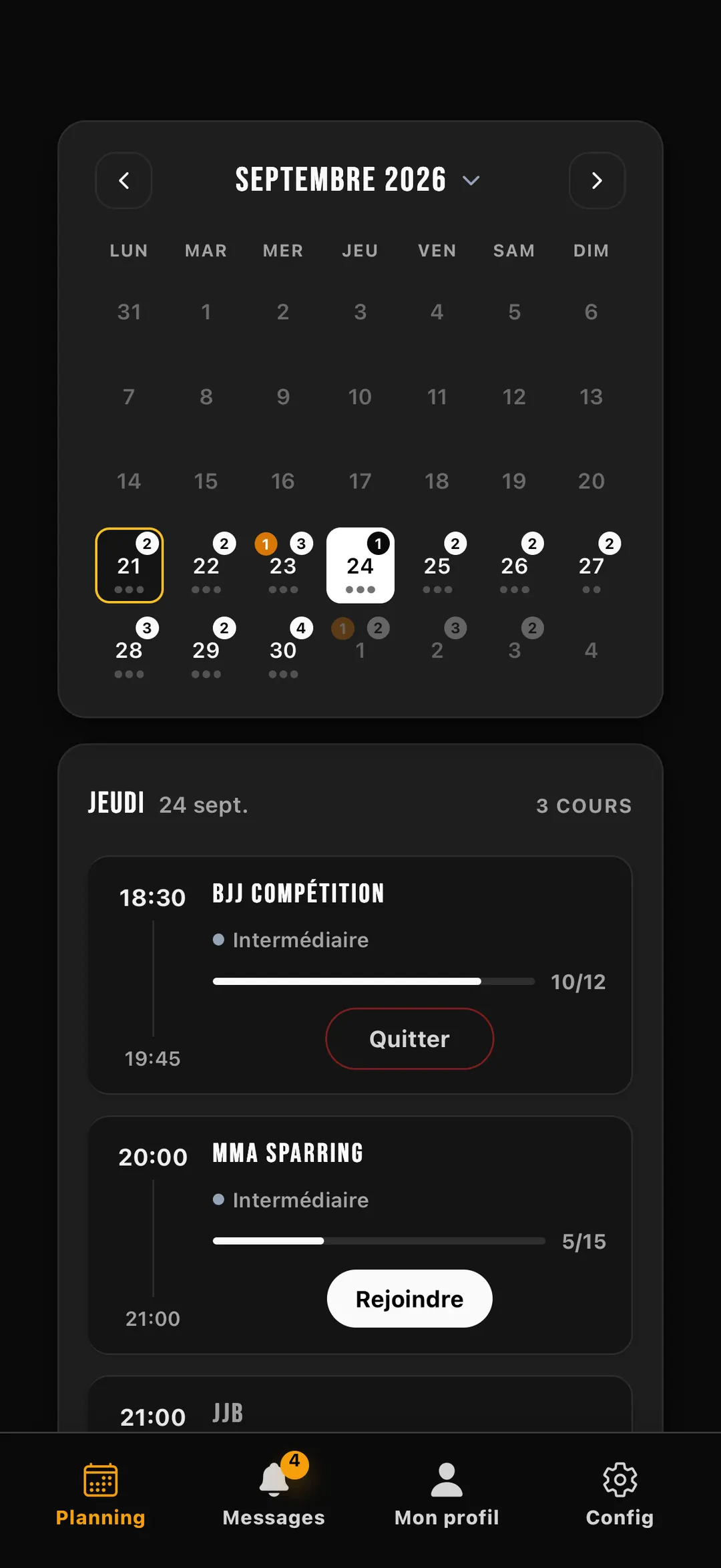 Le planning du club dans l’application Dojooz